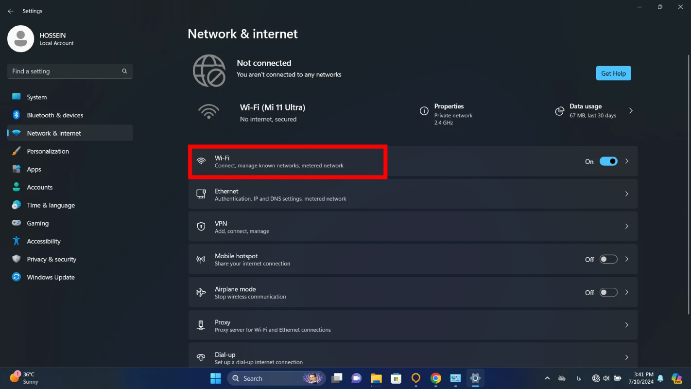 تنظیمات وای فای ویندوز 11