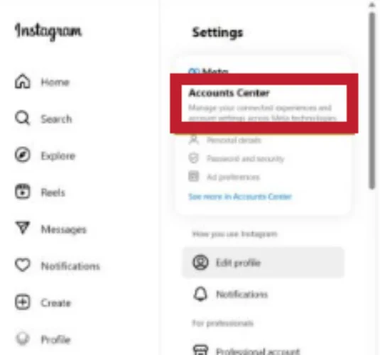 ورود به تنظیمات حساب اینستاگرام